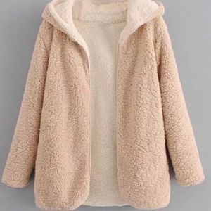Hooded open front lamb wool teddy coat